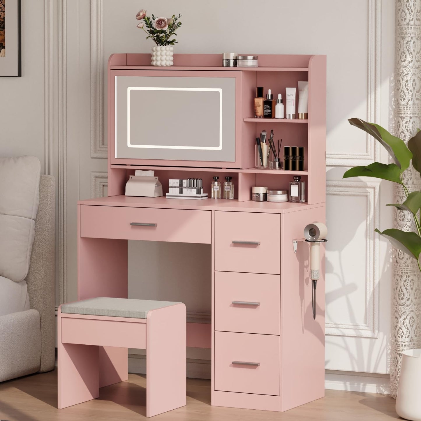 Viaozutis Vanity Desk with a Mirror and Lights，with Chair and Four Drawers, Three Adjustable Lighting Modes，with Power Outlet and Sliding LED Mirror,Bedroom Vanity Desk (Pink)