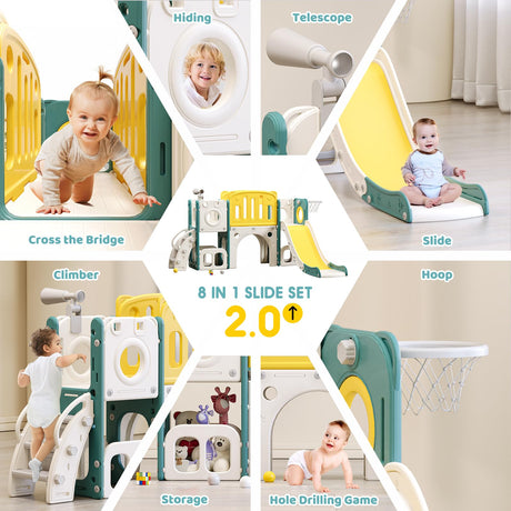 8 in 1 Toddler Slide Set, Kids Slide for Toddlers, Toddler Climber Slide PlaySet with Basketball Hoop,Outdoor Indoor Playground for Toddlers Upgraded MOCUTEEN