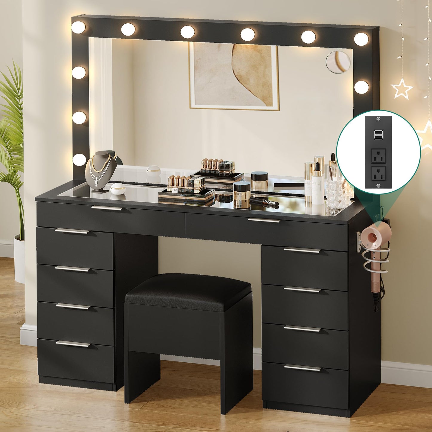 YITAHOME Makeup Vanity Desk with Large Mirror, 10-Drawer Vanity Set with Glass Tabletop & Charging Station, Modern Dressing Table with Storage Chair & 3-Color Brightness Adjustable Lighting, Ink Black