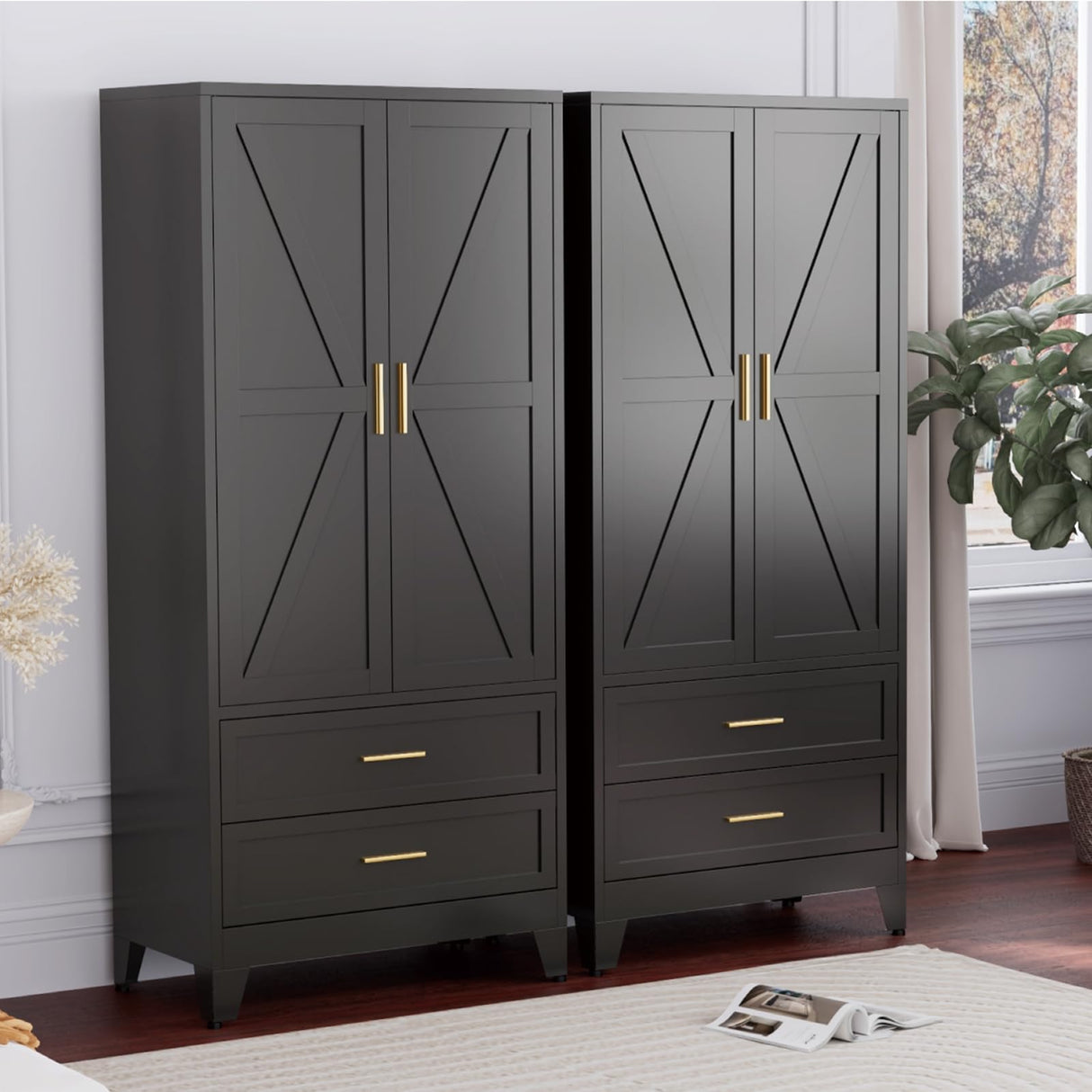 Black Metal Wardrobe Cabinet for Bedroom, 71" Freestanding Closet System with Drawers and Shelves, Hanging Rod Clothing Organizer with Two Doors, Farmhouse Steel Wardrobe Bedroom Armoires Bevivog