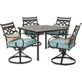 Hanover Montclair 5-Piece Outdoor Dining Set with Stamped Steel Square Dining Table and 4 Swivel Rocker Chairs with Cushions, Weather-Resistant Patio Dining Set for 4, Patio, Backyard, Deck Hanover