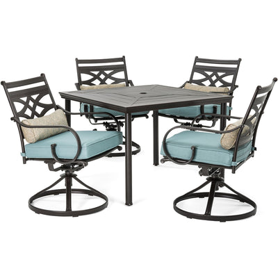 Hanover Montclair 5-Piece Outdoor Dining Set with Stamped Steel Square Dining Table and 4 Swivel Rocker Chairs with Cushions, Weather-Resistant Patio Dining Set for 4, Patio, Backyard, Deck