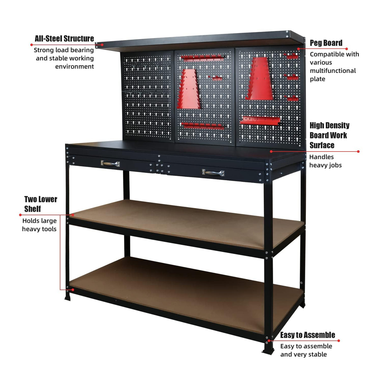 Prostormer 47.25 Inch Heavy Duty Workbench with Pegboard, Hooks, and Drawers - Sturdy Garage Work Table for DIY Projects, Home Workshop, and Tool Organization Prostormer