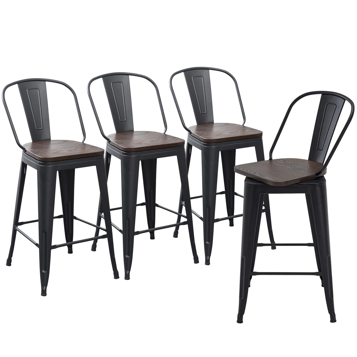 Apeaka 24" Swivel Metal Bar Stools Set of 4 Counter Height Bar Chairs Industrial High Back Barstools with Large Wooden Seat Matte Black Apeaka