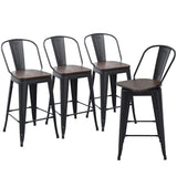 Apeaka 24" Swivel Metal Bar Stools Set of 4 Counter Height Bar Chairs Industrial High Back Barstools with Large Wooden Seat Matte Black Apeaka