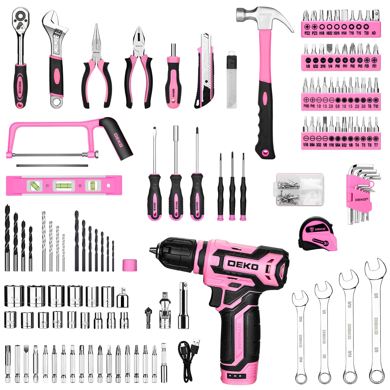 Pink Tool Kit Box Drill Set：DEKOPRO Home Mechanic Toolbox with 12V Power Cordless Drill Hand Repair Tools Sets Combo Kits Storage Organizer Drawer Case for Women - WoodArtSupply