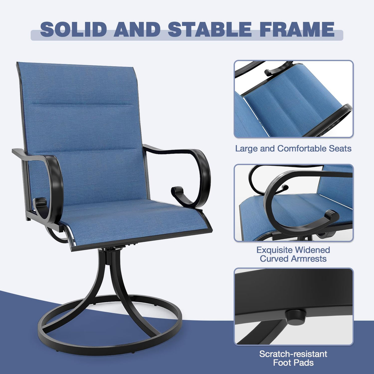 MELLCOM 5 Pieces Outdoor Dining Set, 4 Swivel Rocker Chairs with High Back Textilene & Square Metal Dining Table with Umbrella Hole, Patio Furniture Set for Porch, Garden, Backyard, Deck, Blue MELLCOM