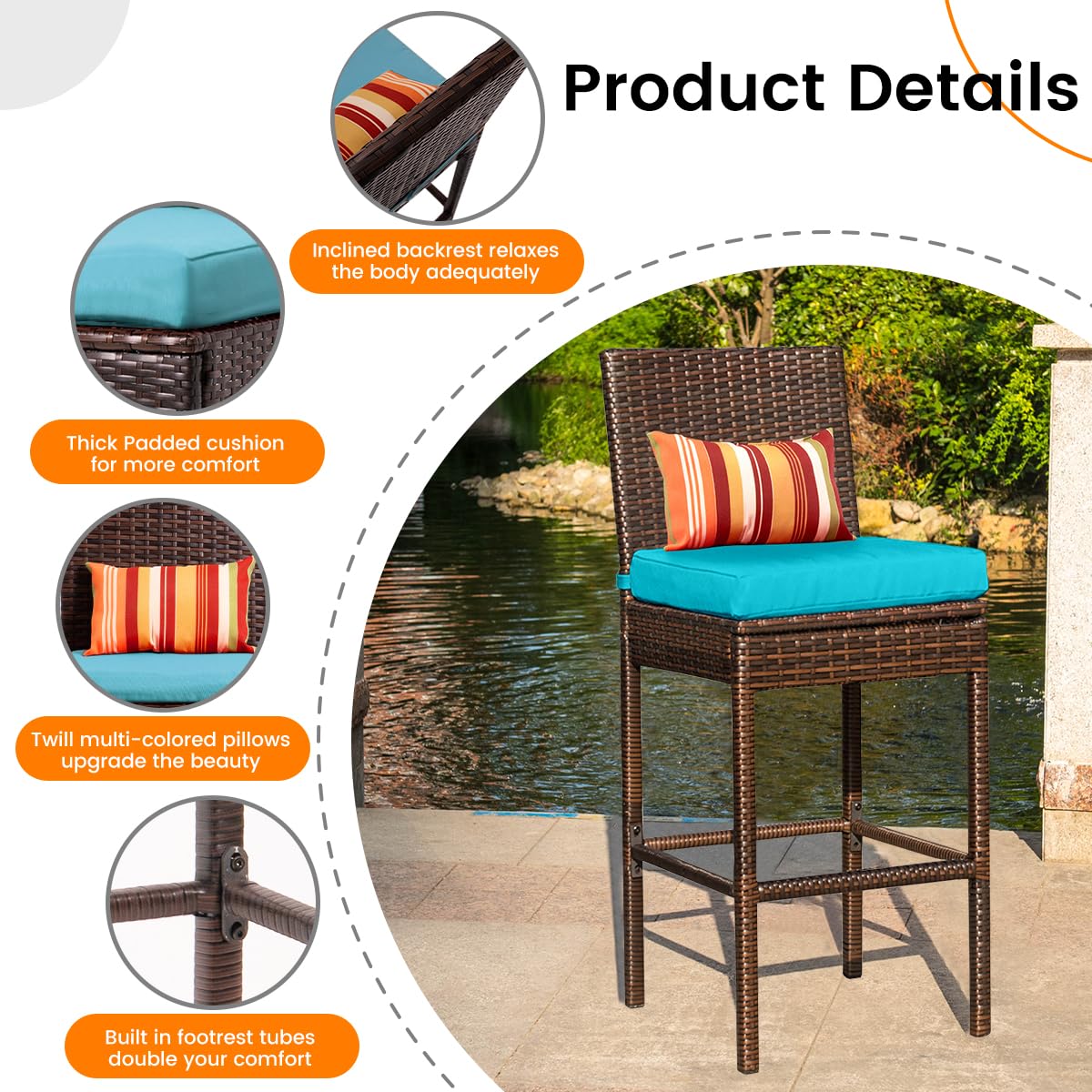 Sundale Outdoor Wicker Bar Stool Set of 4, 30 Inch Seat Height Patio Counter Height Stool with Back Rest, Rattan Woven Tall Chair with Pillow & Blue Cushion, High Bar Stool - Steel, Brown Sundale Outdoor