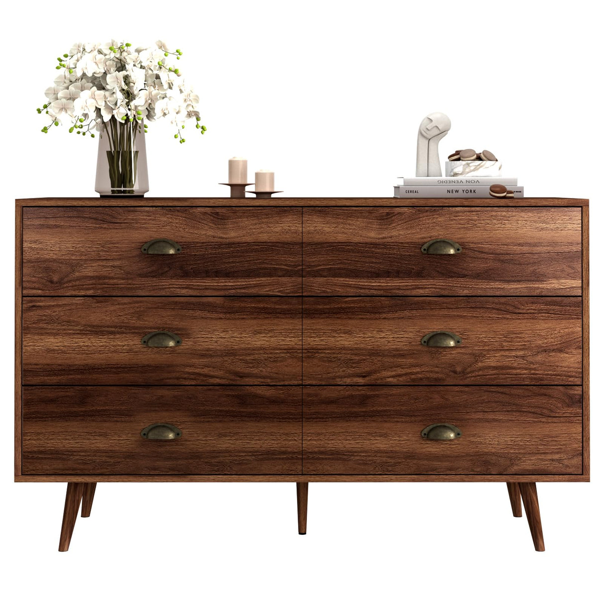 CARPETNAL Walnut Brown Dresser for Bedroom, 6 Drawer Dresser with Wide Drawers and Metal Knob, Wood Dressers & Chest of Hallway, Entryway. CARPETNAL