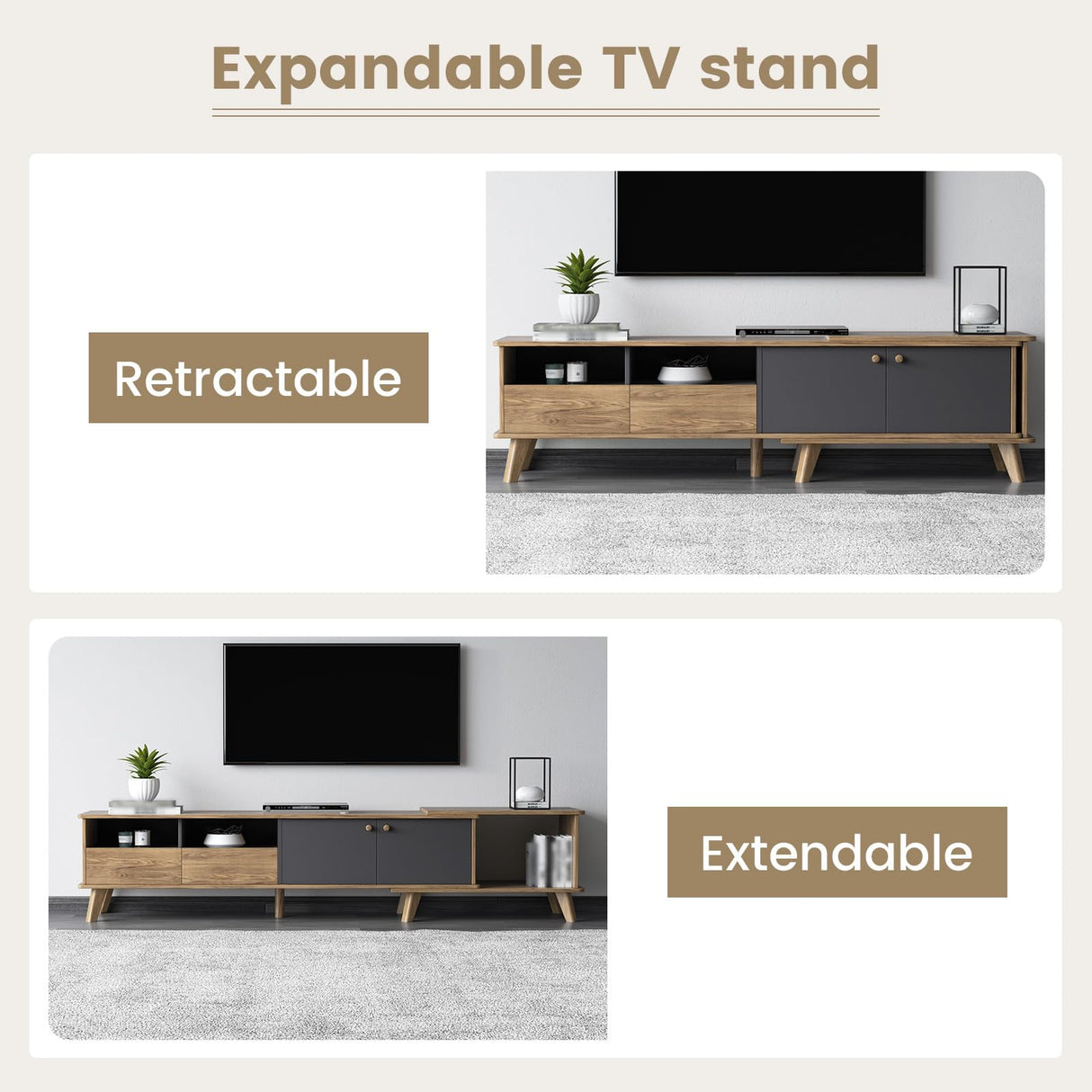 GlimBiz Extendable TV Stand, Mid Century Modern TV Stand for 55/60/65 inch TV, Farmhouse TV Stand, Entertainment Center with Storage, TV and Media Consol for Living Room GlimBiz
