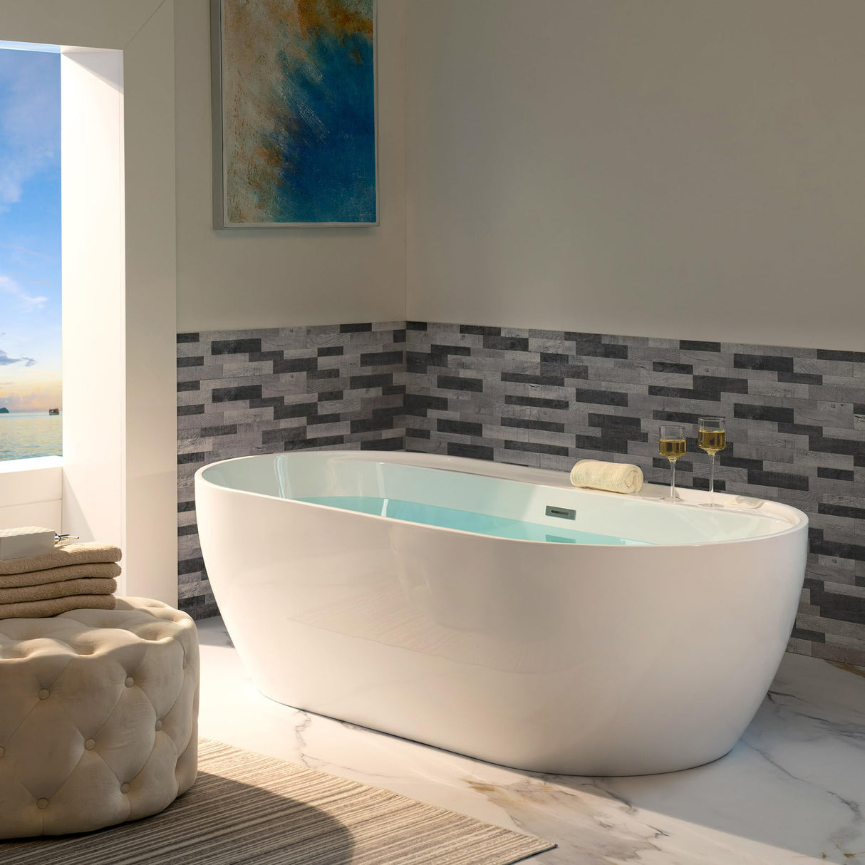 WOODBRIDGE 72" Acrylic Freestanding Bathtub Contemporary Soaking White Tub with Brushed Nickel Overflow and Drain,B0059-BN WOODBRIDGE