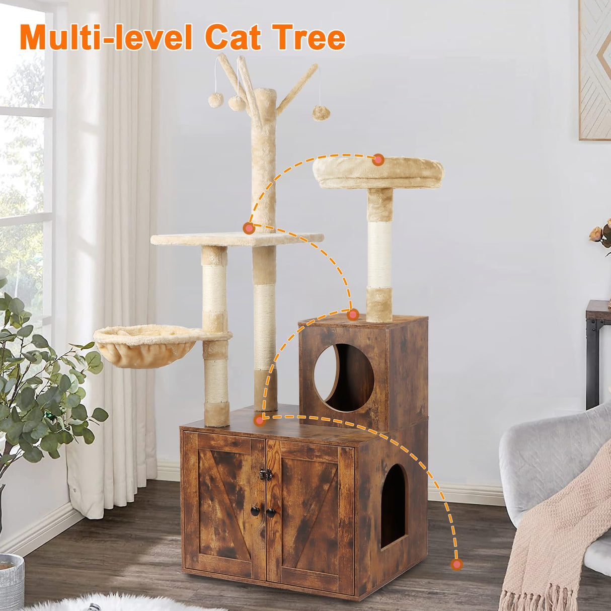 Timberer Litter Box Enclosure with Cat Tree, Wooden Cat House with Cat Tree Tower, Hidden Cat Litter Box Furniture with Scratching Post, Modern Cat Condo, Rustic Brown Timberer