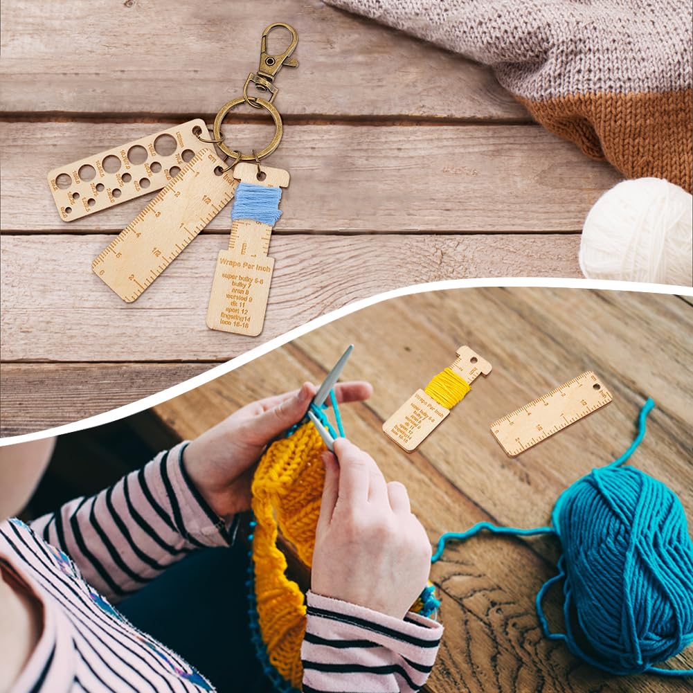 BENECREAT 3Pcs Mini Wooden Gauge Keychains, Knitting Needle Gauge, Yarn Wrap Guide Board, Multifunctional Ruler with Alloy Clasp for Crochet DIY Sewing BENECREAT
