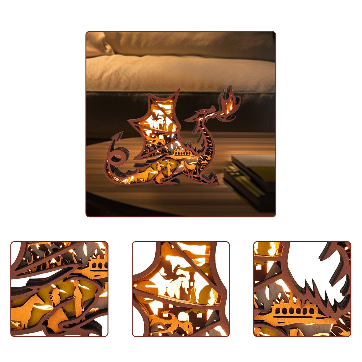 3D Wooden Animals Carving LED Night Light, Dragon Decor Wood Carved Lamp Cabin Statues Rustic Figurines Wall Hanging Sculpture Silhouette Ornament for Living Room Bedroom Home Room for Birthday Gifts FNYDOX