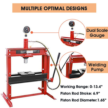 BIG RED ATY12001R Torin Steel H-Shape Hydraulic Garage/Shop Benchtop Press with Gauge and Stamping Plates, 12 Ton (24,000 lb) Capacity, Red - WoodArtSupply