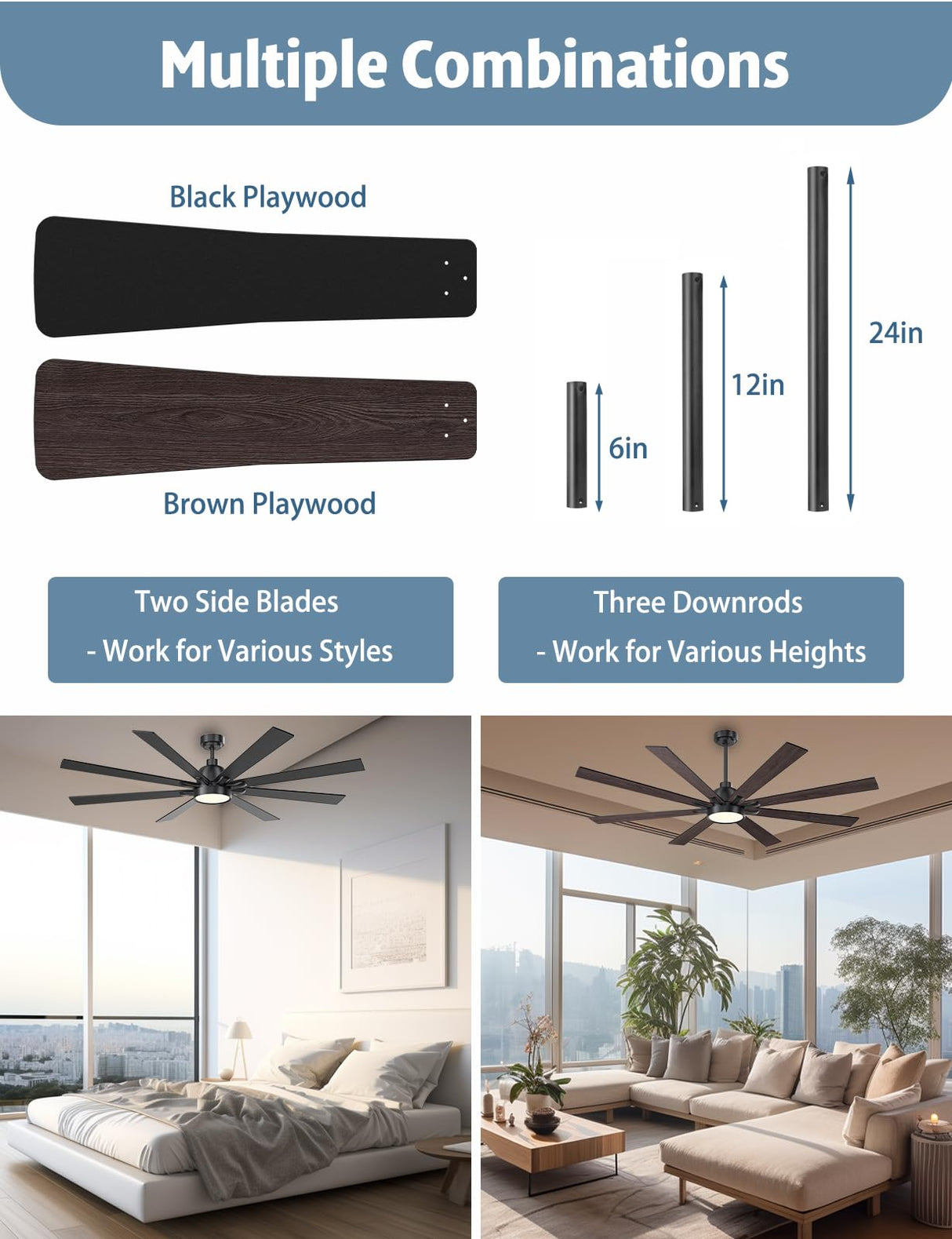 Autoday 72 Inch Large Ceiling Fans with Lights and Remote - Wood/Matte Black Ceiling Fan, Quiet DC Motor, 3 CCT, Modern Dimmable LED Lighting & Large Ceiling Fans for Living Room Patio, Indoor/Outdoor Autoday