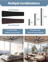 Autoday 72 Inch Large Ceiling Fans with Lights and Remote - Wood/Matte Black Ceiling Fan, Quiet DC Motor, 3 CCT, Modern Dimmable LED Lighting & Large Ceiling Fans for Living Room Patio, Indoor/Outdoor Autoday