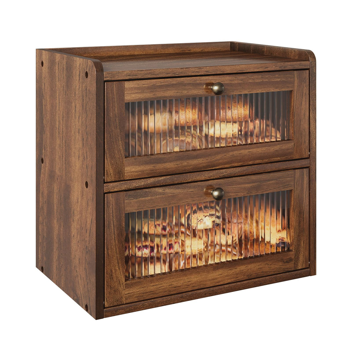 Alpeir Double Layer Large Bread Box for Kitchen Counter, Wooden Corner Bread Storage Container with Acrylic Window, Retro Brown Alpeir