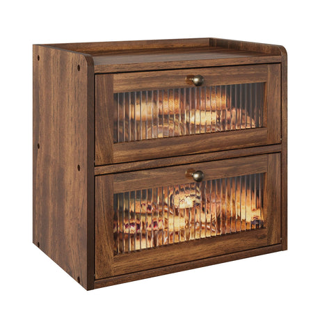 Alpeir Double Layer Large Bread Box for Kitchen Counter, Wooden Corner Bread Storage Container with Acrylic Window, Retro Brown Alpeir