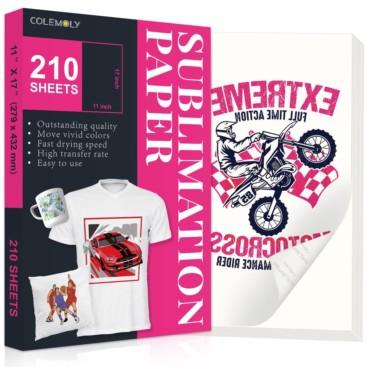 Colemoly Sublimation Paper 11x17, 210 Sheets 125g Heat Transfer Paper Use with Thermal Sublimation Transfer Ink and Any Inkjet Printers for Ceramic Mug, Polyester T-shirt, Cell Phone Case Colemoly