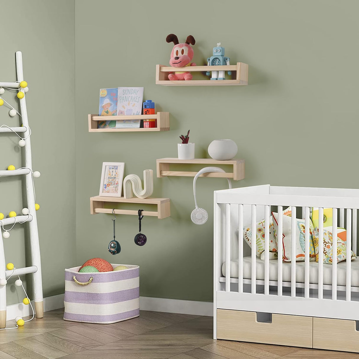 DUICIRX Nursery Room Shelves Set of 4, Wood Floating Book Shelves for Kids Room, Baby Book Shelf for Nursery, Kitchen Spice Rack (Natural Wood) DUICIRX