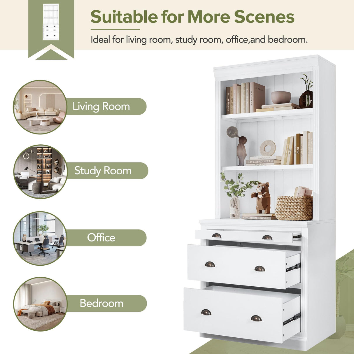 Modern White 83.4" Tall Bookcase with LED Lighting and 3 Drawers for Office and Living Room Bellemave