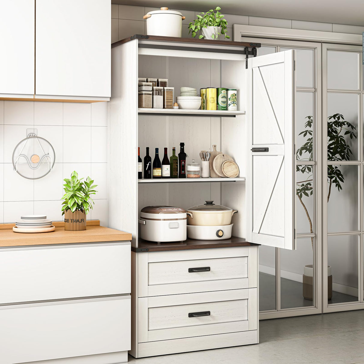 Hlivelood 72" Tall Storage Cabinet with Barn Doors & 2 Drawer, Pantry Cabinet with Adjustable Shelves, Rustic Wood Cupboard for Kitchen, Dining Room, Living Room, White Hlivelood