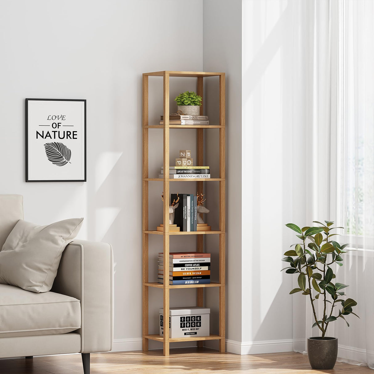 TUTOTAK Bookshelf, 6-Tier Tall Book Shelf, Narrow Bookcase for Small Space, DIY Stackable Bookshelf, for Living Room, Office, Study, Entryway, Industrial, Natural BS01BN006 TUTOTAK