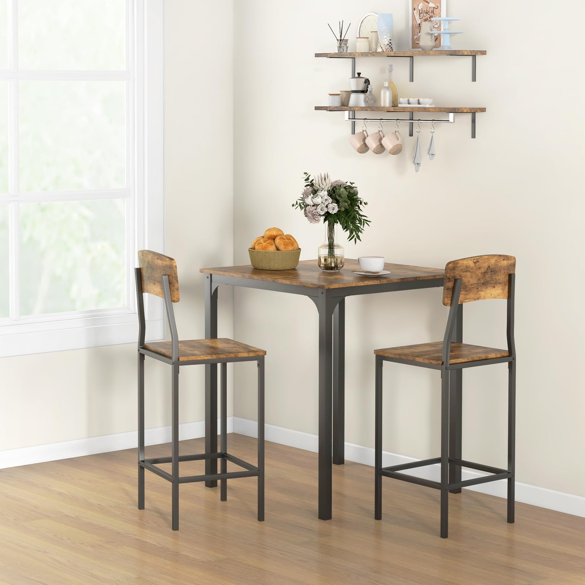 HOMCOM Industrial 3-Piece Counter Height Bar Table Set with Stools in Rustic Brown and Black - WoodArtSupply