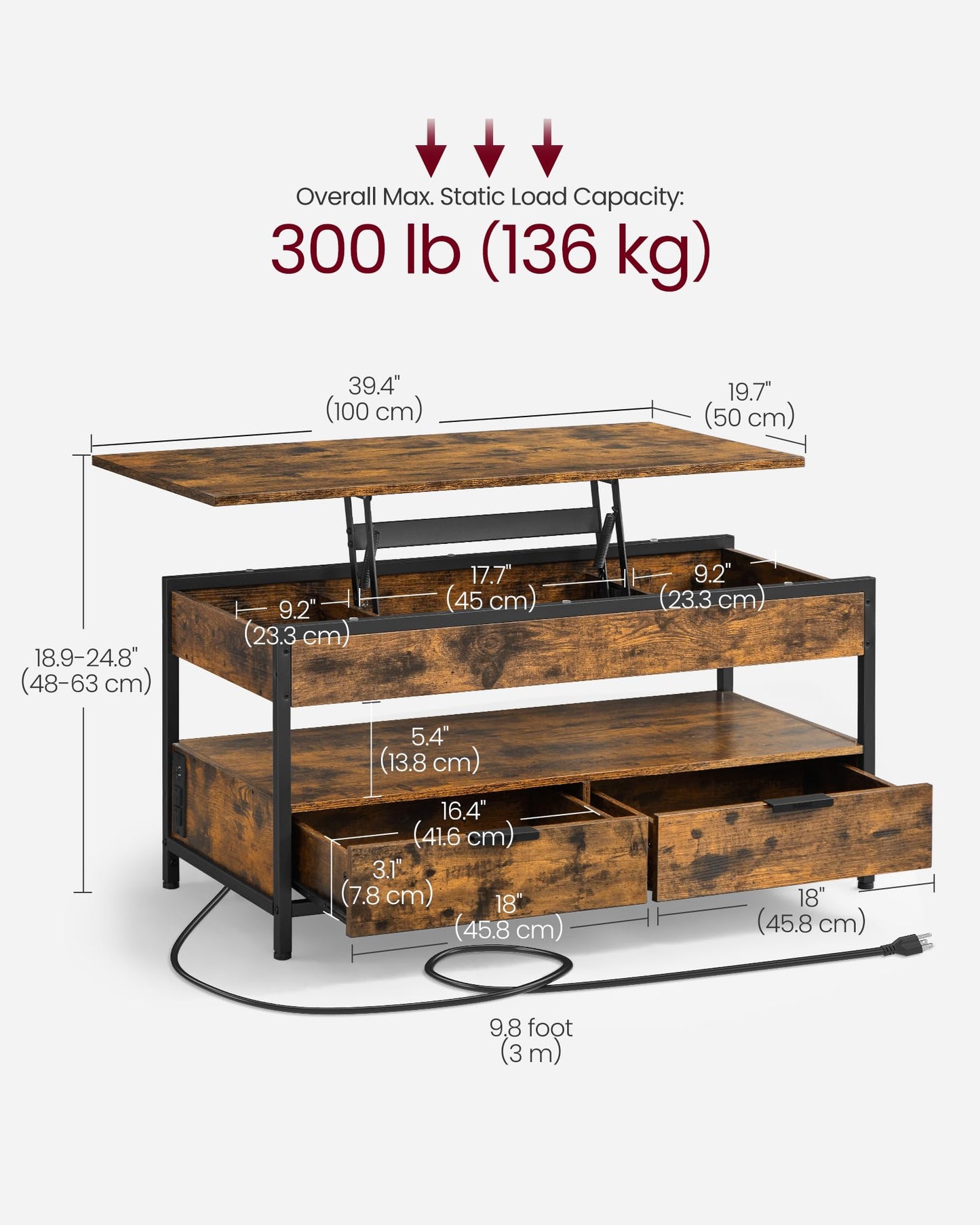 VASAGLE Lift Top Coffee Table with Storage Drawers and Charging Station, Coffee Table for Living Room with Lifting Top, Hidden Compartments and Open Shelf, Rustic Brown and Classic Black ULCT - WoodArtSupply