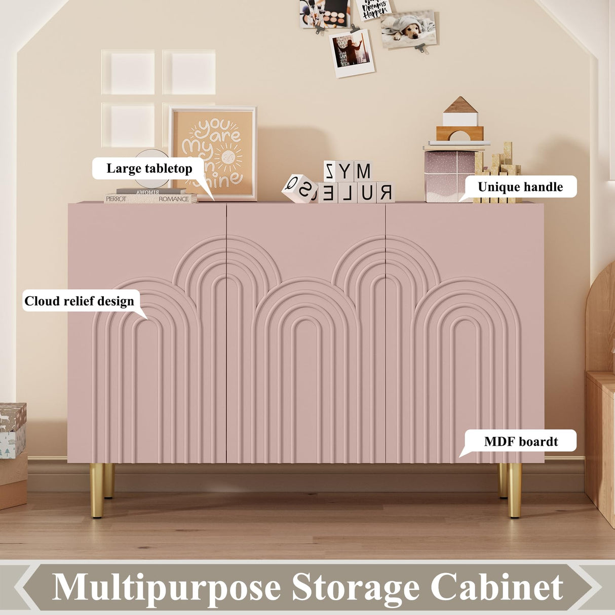 ARTPOWER 47" Accent Cabinet with Cloud Relief, Sideboard Buffet Cabinet with 3 Doors,Modern Buffet Cabinet,Credenza Storage Cabinet for Living Room, Kitchen, Dining Room, Hallway, Entryway, Pink ARTPOWER