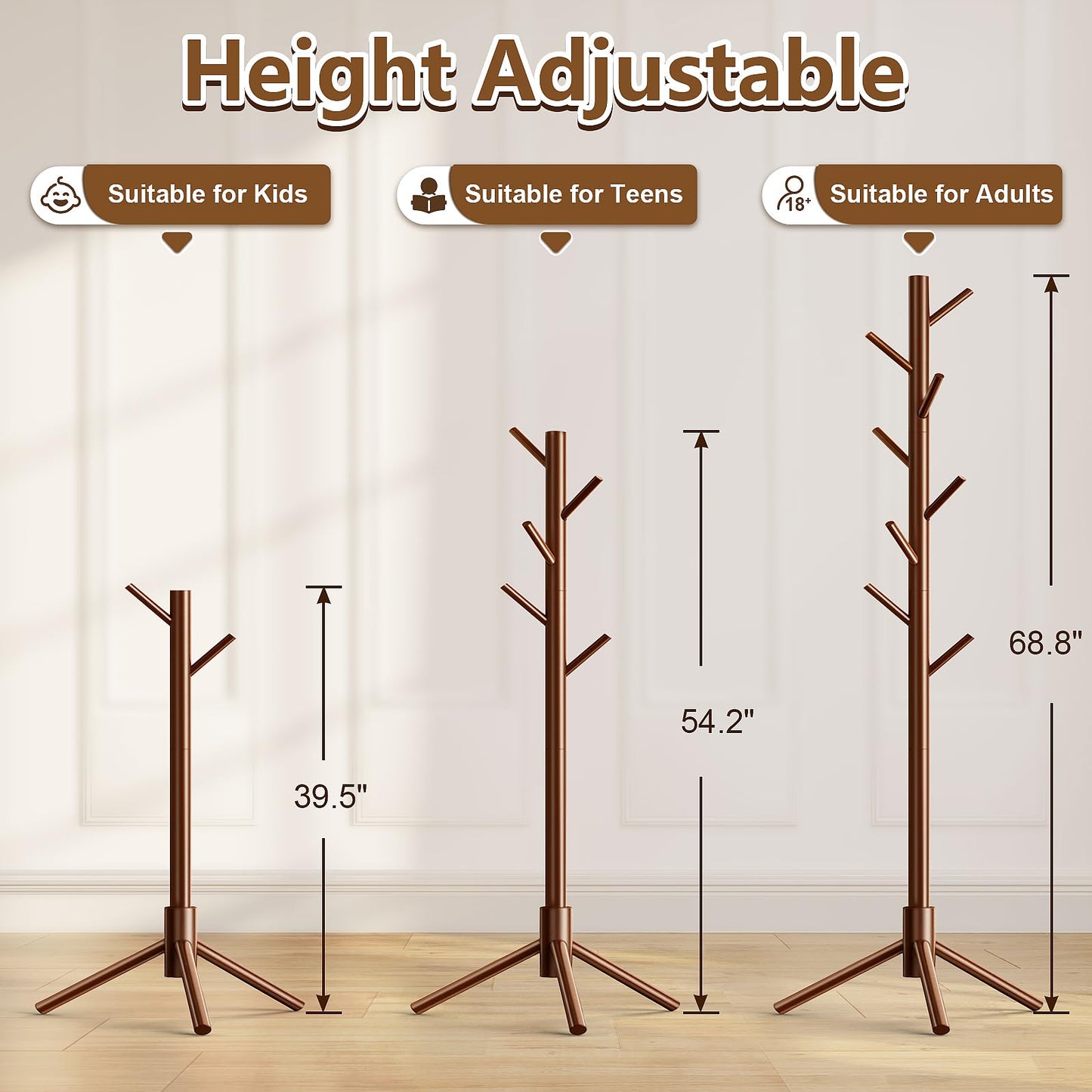 Aliphon Coat Rack, Freestanding Coat Rack, Wooden Coat Rack with 8 Hooks, 3 Adjustable Sizes Tree Coat Racks for Bedroom, Hallway, Entrance, Office, Clothes, Hats, Bags