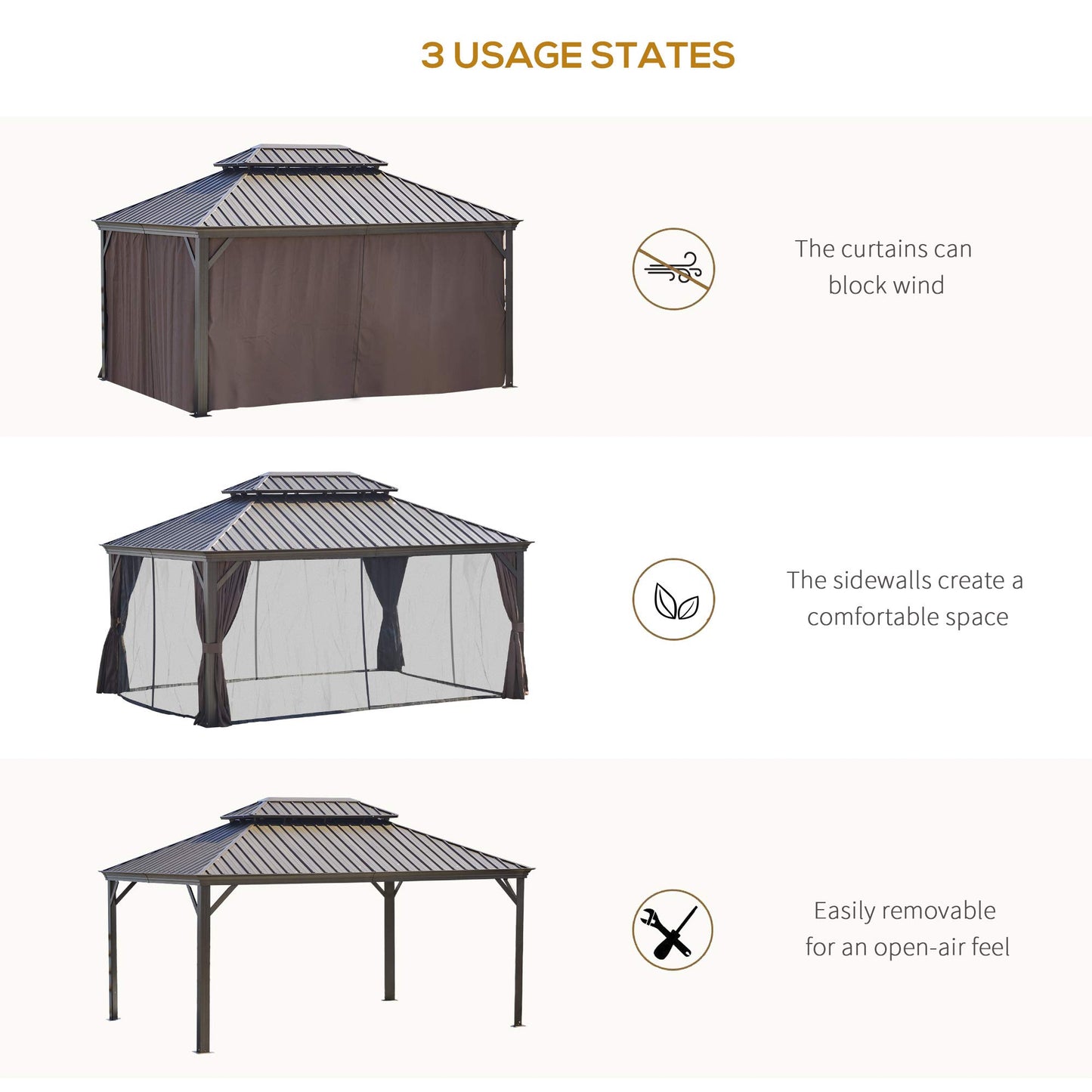 Outsunny 12' x 16' Hardtop Gazebo with Curtains and Netting, Permanent Pavilion Metal Double Roof Gazebo Canopy with Aluminum Frame and Hooks, for Garden, Patio, Backyard, Brown - WoodArtSupply