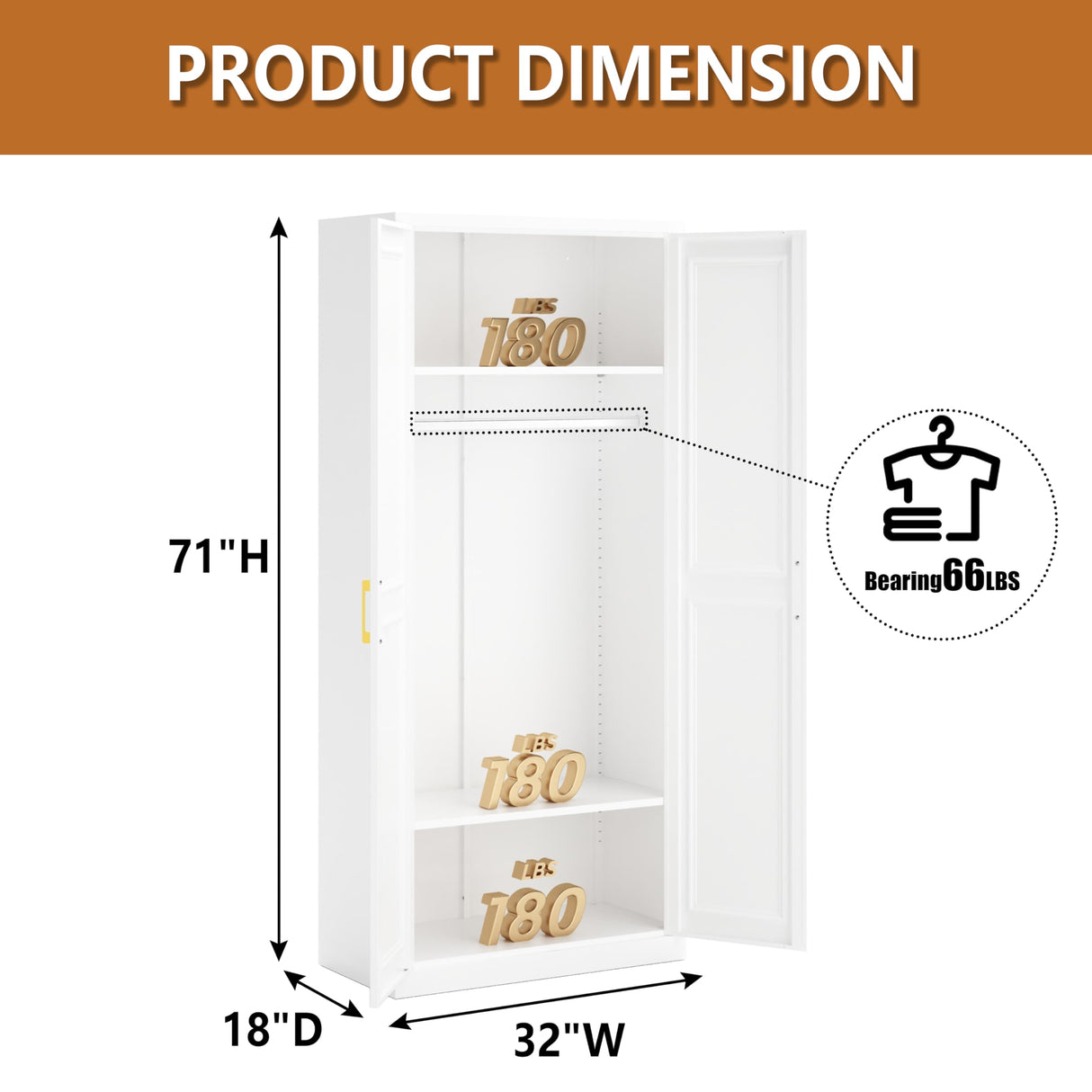 Polup Metal Armoire Wardrobe Closet with Doors and Shelves, 71" Tall Freestanding Wardrobe Cabinet for Hanging Clothes, Large Closet with Hanging Rod for Bedroom, White, Assemble Required Polup