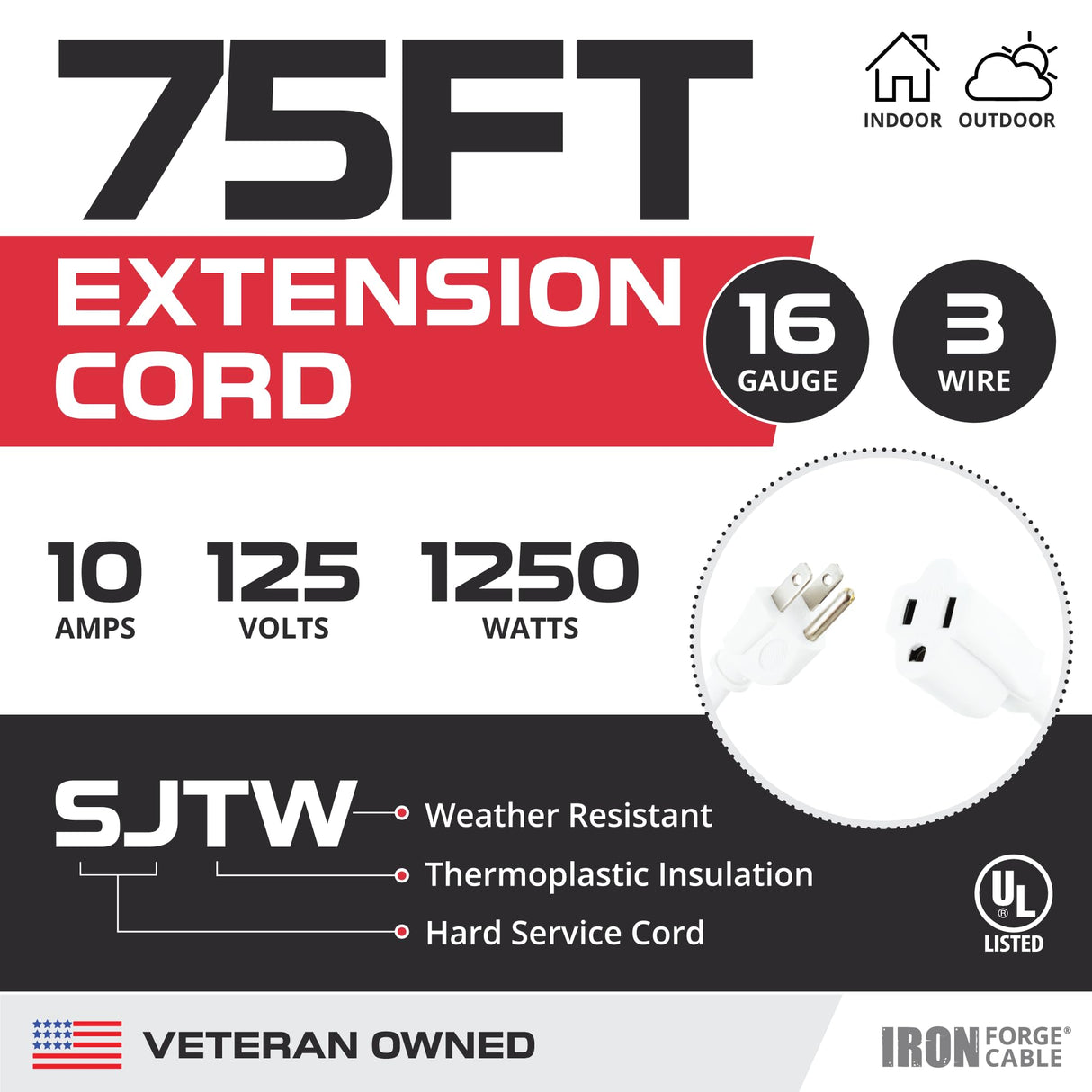 Iron Forge Cable Outdoor Extension Cord 75 ft, 16 Gauge Heavy Duty Power Extension Cords 3 Prong Weatherproof - SJTW - Great for Outdoor Lights, Lawn, Household Appliances - White IRON FORGE CABLE