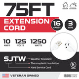 Iron Forge Cable Outdoor Extension Cord 75 ft, 16 Gauge Heavy Duty Power Extension Cords 3 Prong Weatherproof - SJTW - Great for Outdoor Lights, Lawn, Household Appliances - White IRON FORGE CABLE