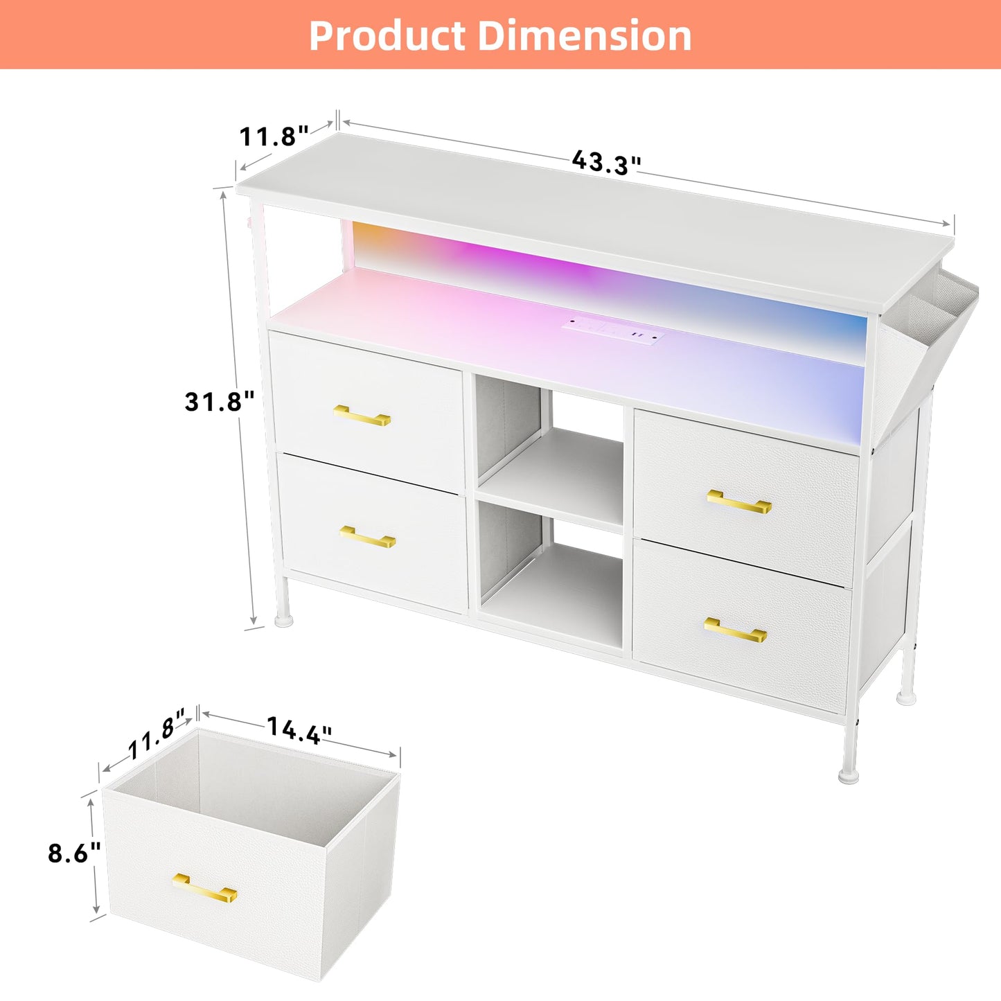 YILQQPER LED TV Stand with Power Outlet for Living Room, TV Media Console for TVs 50 Inch, Modern Dresser TV Stand with 4 Fabric Drawers & Shelves, Media Entertainment Center for Bedroom, White