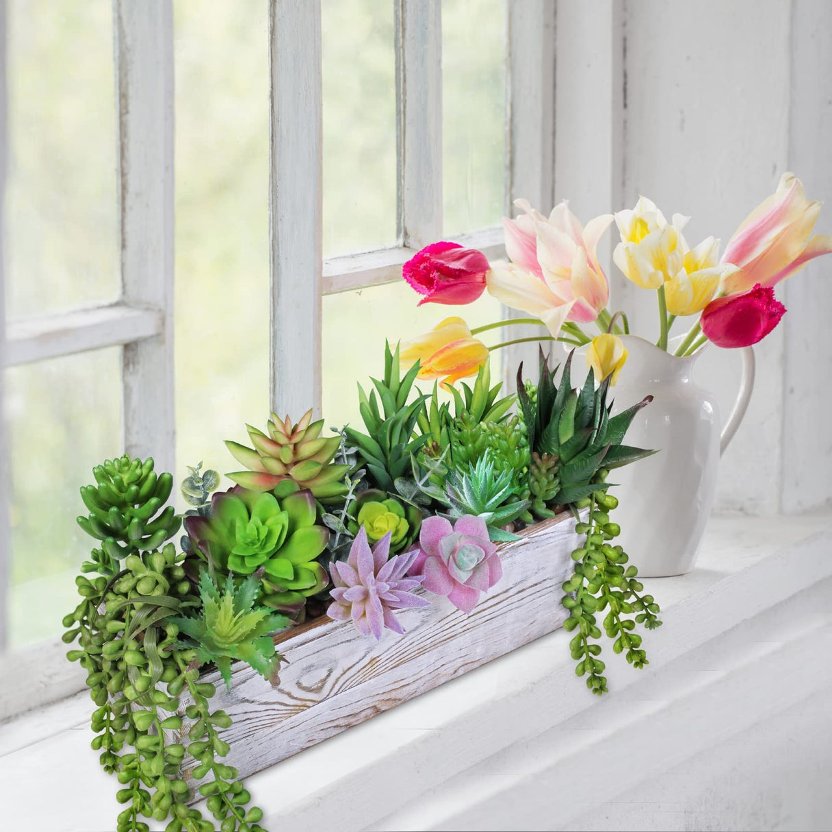 19 Pcs Assorted Artificial Succulents Fake Plants in Rectangular Wooden Pot Succulents Garden in Wood Planter Box Potted Succulents Plants Arrangement for Table Centerpiece Windowsill Greenery Decor Winlyn