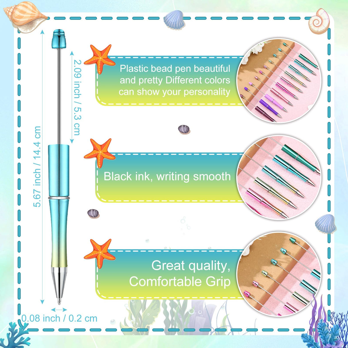 Kosiz 60 Pieces Plastic Beadable Pen Bead Ballpoint Pen Black Ink Beaded Pens for Kids Students Presents Office School Supplies (Mermaid Colors, Classic) Kosiz