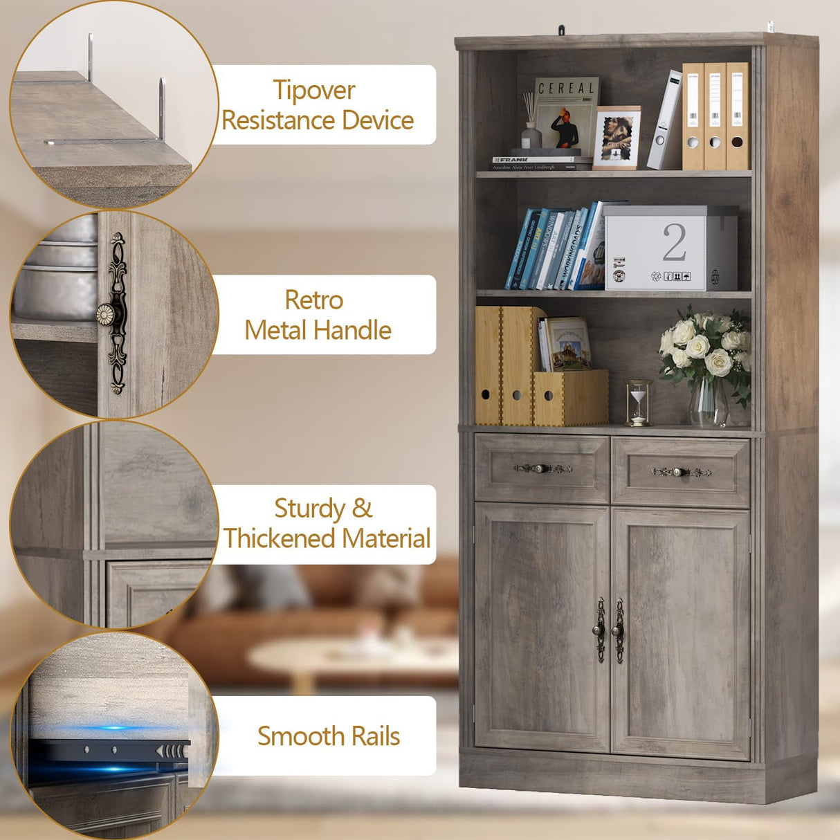 Thacuok Bookcase with Doors and Drawers, Adjustable Shelves, P2 MDF Construction, Freestanding Cabinet with Metal Handles, Hidden Storage for Living Room, Bedroom, Grey Thacuok