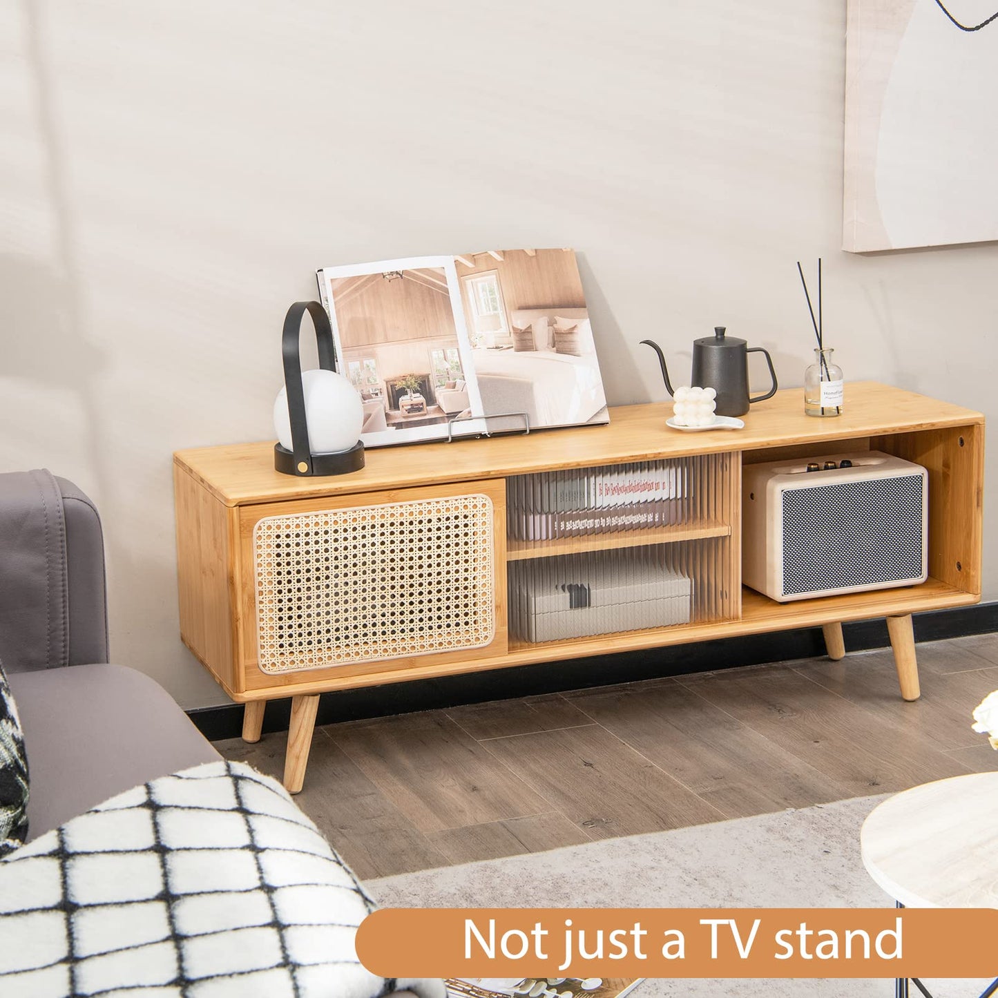 Tangkula Mid Century Modern TV Stand for TVs up to 55", Bamboo Entertainment Center w/PE Rattan & Tempered Glass Sliding Doors, Adjustable Shelf, Media Console for Living Room