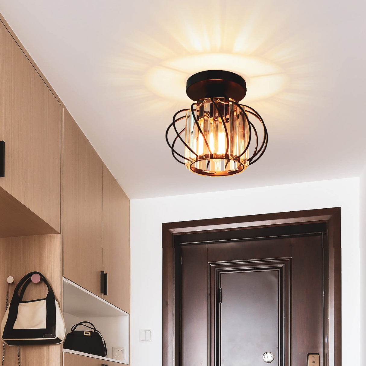 FRIDEKO HOME 2-Pack Semi Flush Mount Ceiling Light - Small Crystal Chandelier Hallway Black Metal Cage Modern Light Fixture for Entryway Bedroom Porch Kitchen FRIDEKO HOME
