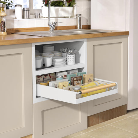 Upesitom Pull Out Cabinet Organizer, 15.3'' Deep Expandable Slide Out Cabinet Organizer Fixed with Adhesive Nano Film, Slide Out Drawers Pull Out Tray for Cabinet in Kitchen, Pantry, Bathroom, White Upesitom