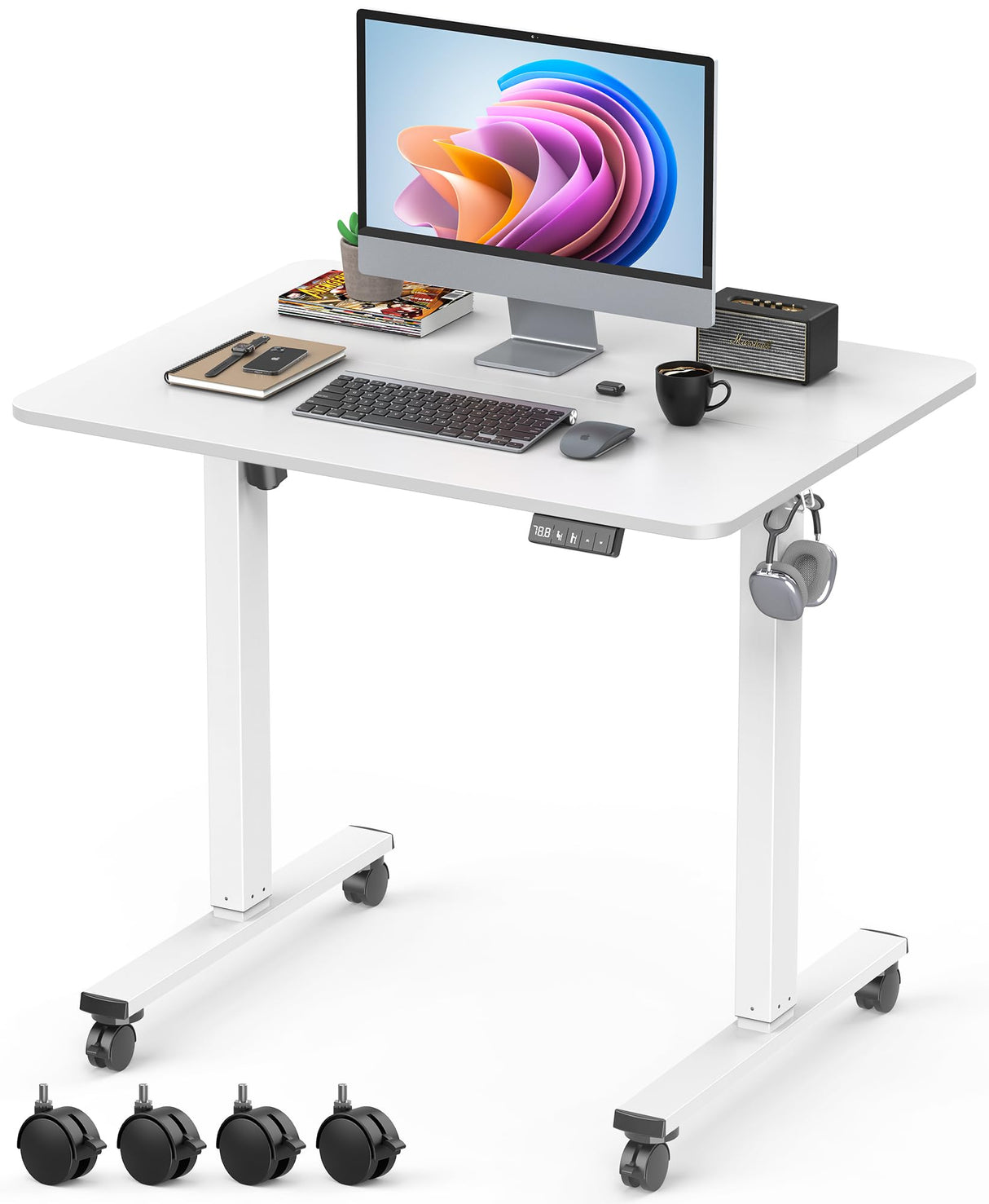 Xyndyx Small Height Adjustable Electric Standing Desk, 31.5" x 23.6" Sit Stand up Desk with Splice Board, Ergonomic Rising Computer Home Office Desk Table with Memory Preset, White Frame/White Top Xyndyx