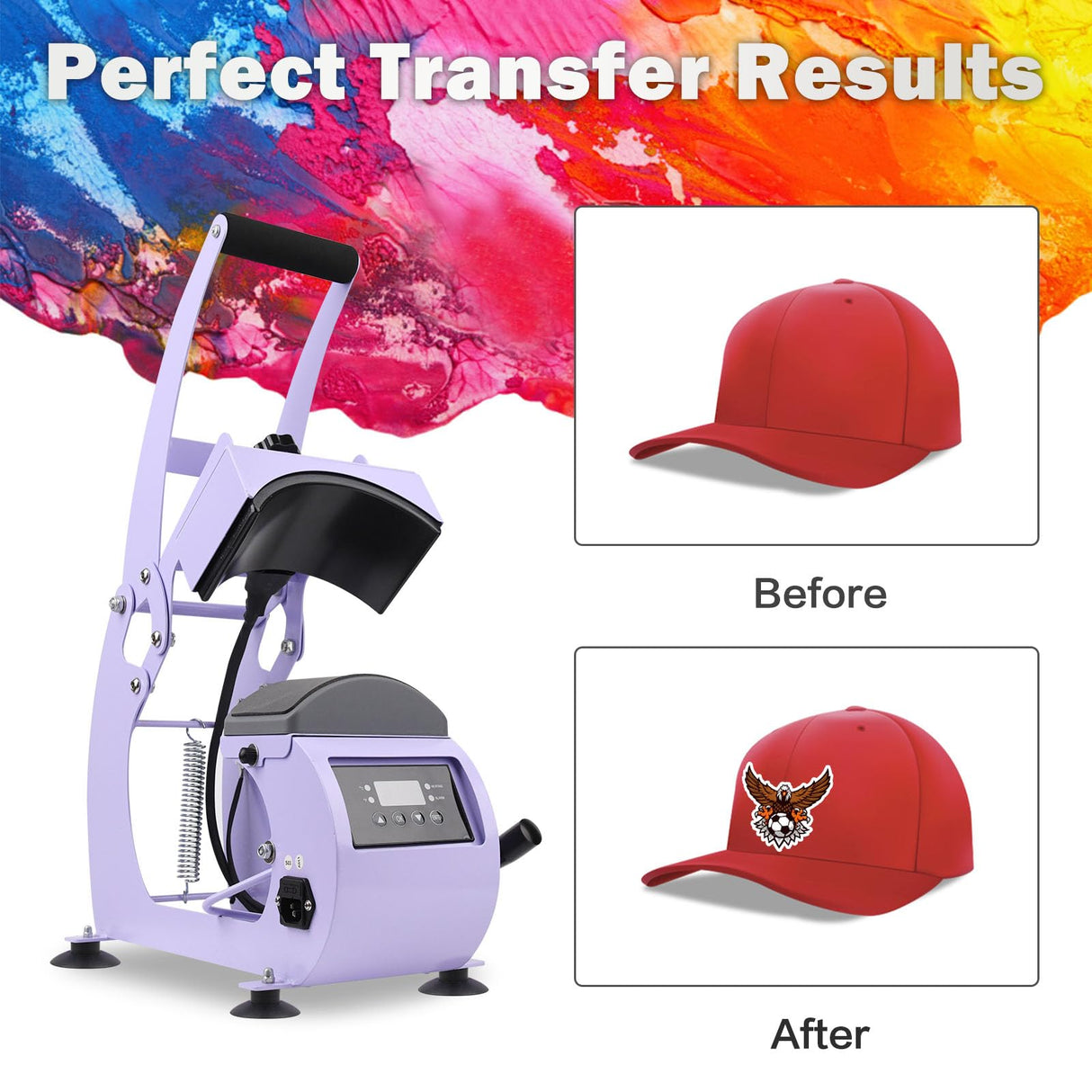 Hat Heat Press Machine for Caps with 2 Interchangeable Platens, Custom Tempe & Timer, 3 Fuses, Auto Start, Provides Sublimation, Heat Transfer and Htv Projects for DIY Hat Designs Haoguo