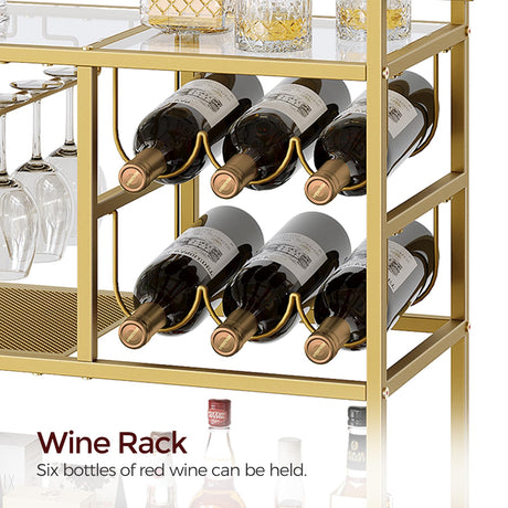 MAHANCRIS Bar Cart for Home, 3-Tier Serving Cart with Wheels and Handle, Beverage Cart with Wine Rack and Glass Holders, Rolling Wine Cart for Kitchen, Dining Room, Gold RCJ61B01 MAHANCRIS