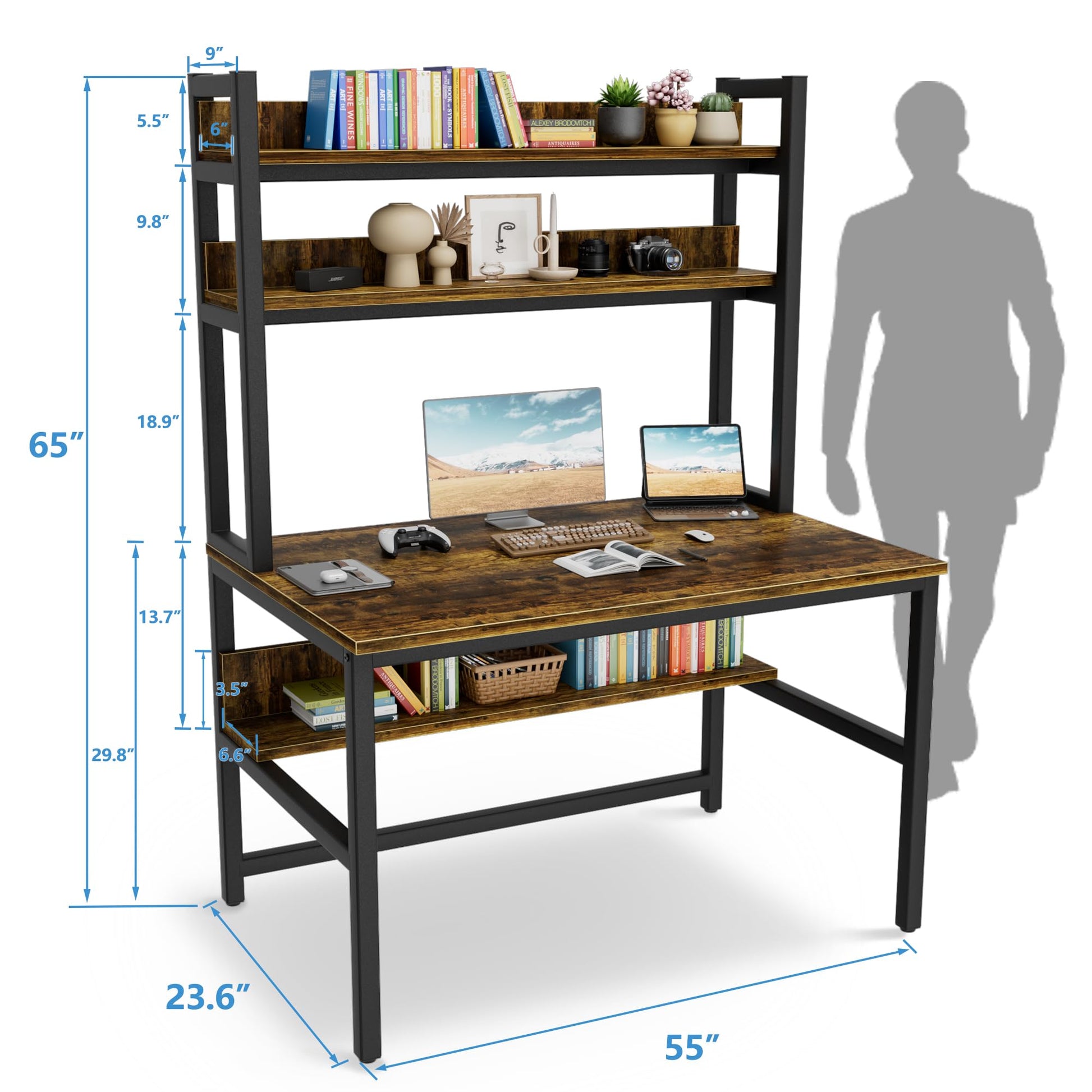 Aquzee 55 Inch Rustic Brown Computer Desk with Hutch and Storage Shelves - WoodArtSupply