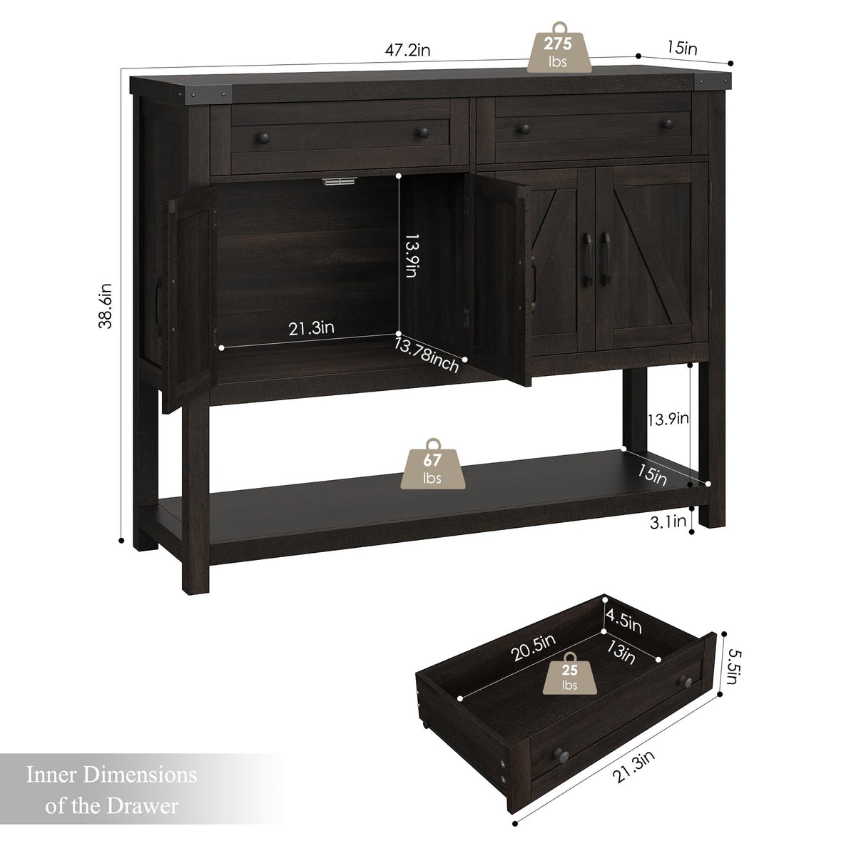 HOSTACK Buffet Sideboard Cabinet with Storage, 47.2" Modern Farmhouse Coffee Bar with 2 Drawers, Barn Door Console Table with Shelf for Kitchen, Dining Room, Living Room, Entryway (Dark Brown) HOSTACK