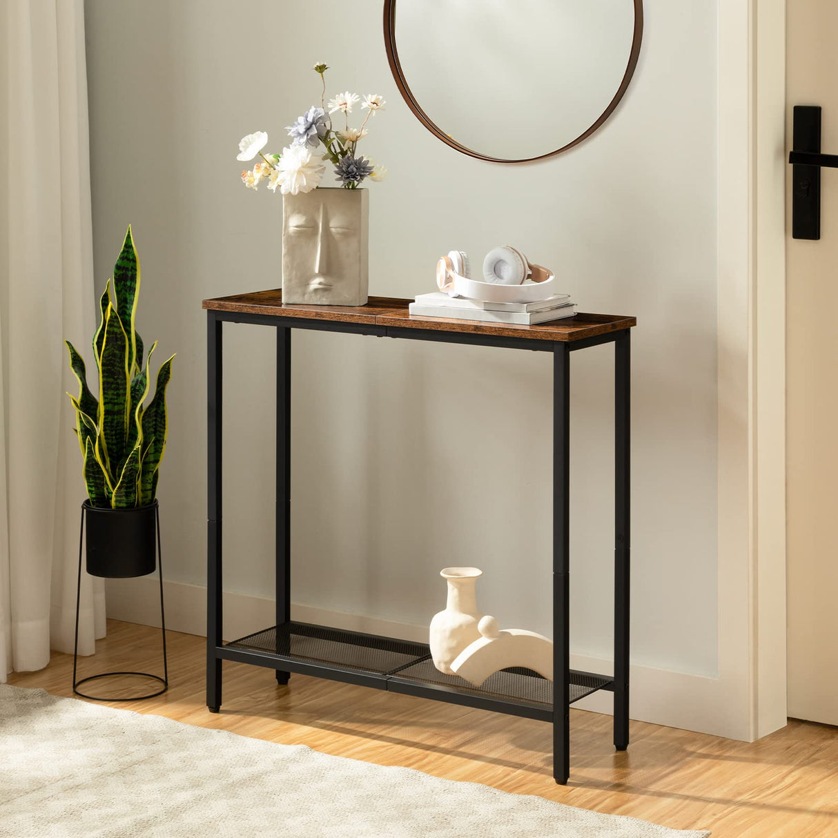 HOOBRO 29.5" Narrow Console Table, Small Entryway Table with Shelf, 2 Tier Thin Sofa Table, Side Table, Display Table, for Hallway, Living Room, Bedroom, Rustic Brown and Black BF74XG01 HOOBRO