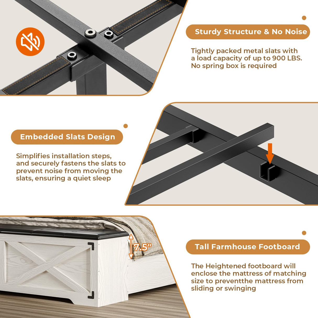 DICTAC Farmhouse Queen Bed Frame with Storage Headboard, Charging Station and LED Lights Queen Size Platform Bed Frame with Storage Ottoman, Metal Slats Support, No Box Spring Needed, Antique White DICTAC